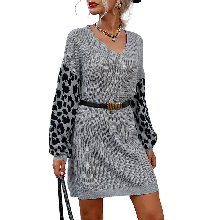 Damen Strickpullover-Kleid mit modernen Leopardenärmeln und V-Ausschnitt Drune