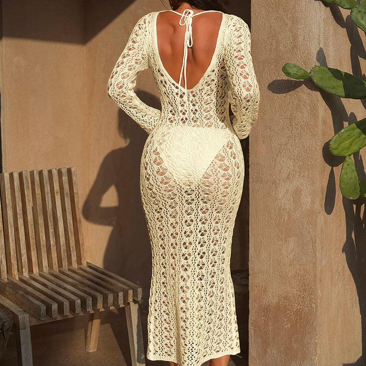 Damen Häkelkleid mit tiefem V-Ausschnitt und langem Arm Drune