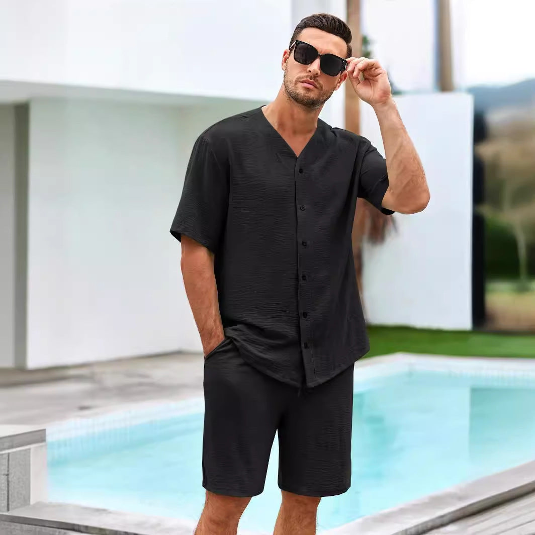 Herren luftiges Sommer-Freizeit-Set mit kurzärmeliger Knopfleiste und lässigen Shorts Drune