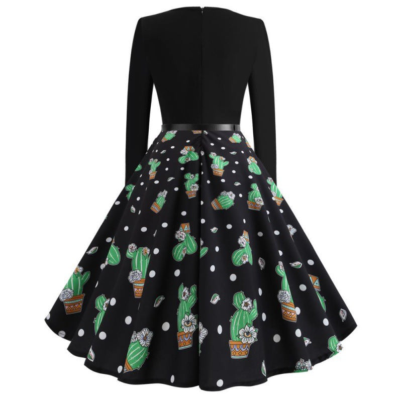 Damen Swingkleid mit floralem Kaktusdesign und ausgestelltem Rock Drune