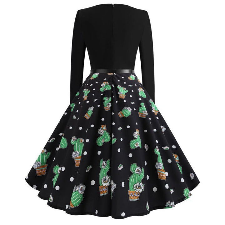 Damen Swingkleid mit floralem Kaktusdesign und ausgestelltem Rock Drune