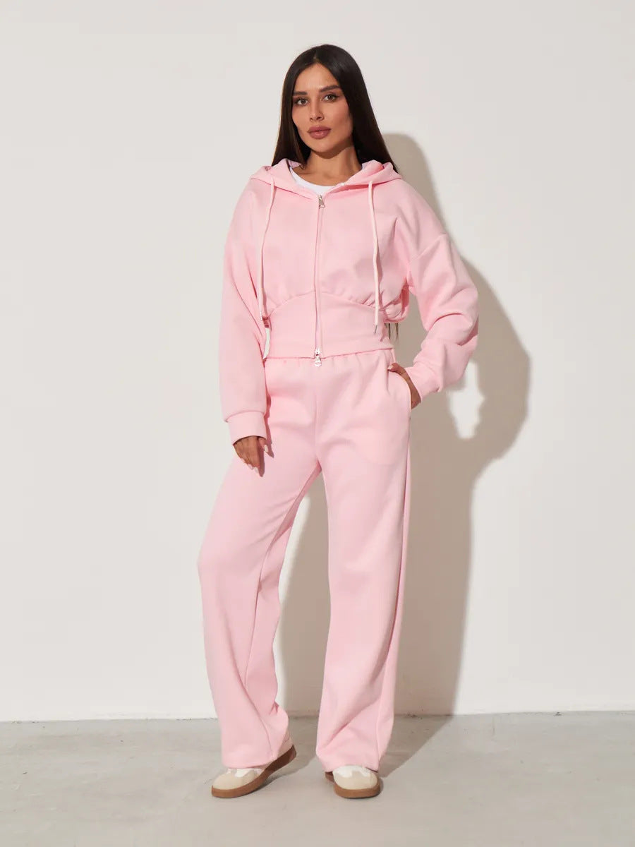 Damen lässiges Kapuzenoberteil und weite Sweatpants-Set mit hohem Bund und Reißverschluss Drune