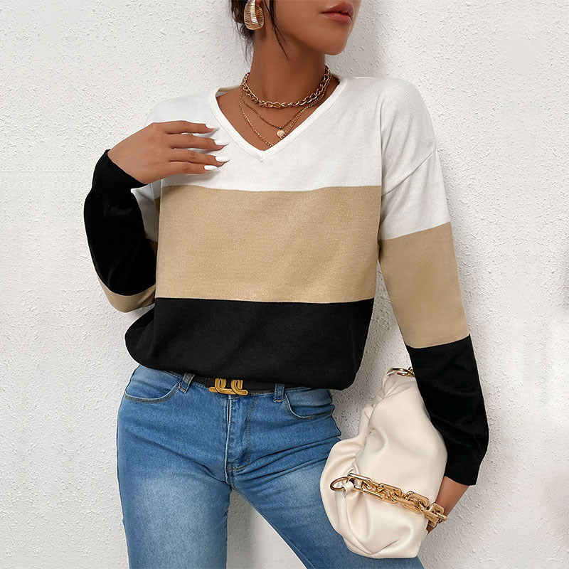 Damen lässiger V-Ausschnitt Pullover mit Farbblock-Design Drune