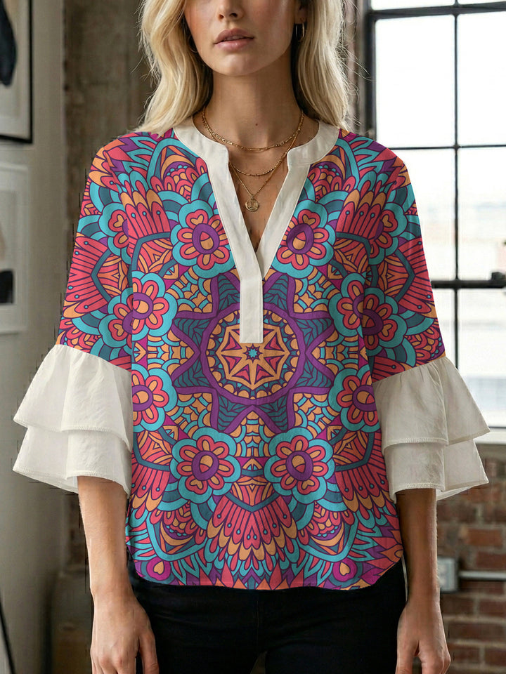 Damen elegantes Blusenshirt mit voluminösen Rüsenärmeln und grafischem Blumendesign Drune