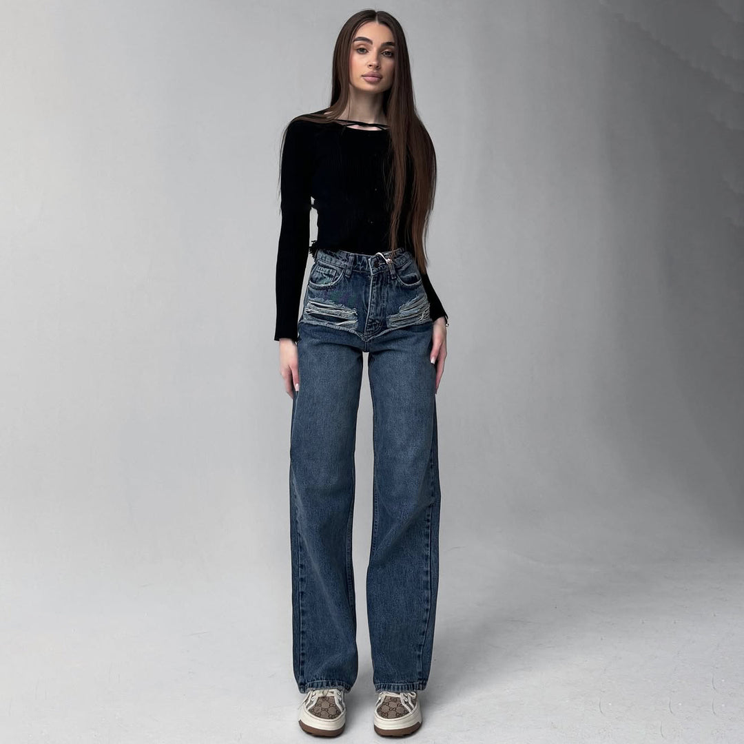 Damen Hohe Taillenjeans mit weitem Bein und Bindegürtel Drune