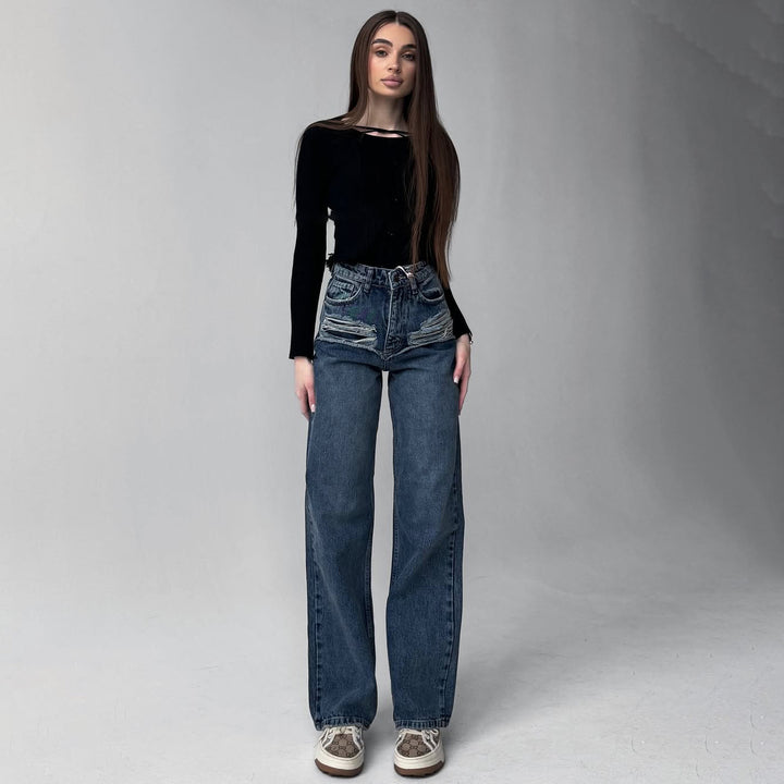 Damen Hohe Taillenjeans mit weitem Bein und Bindegürtel Drune