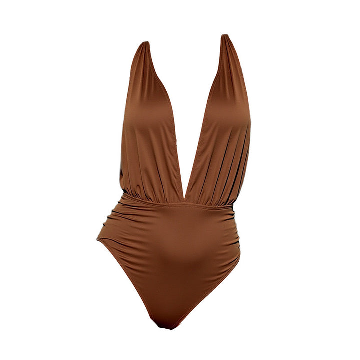 Damen Eleganter Badeanzug mit tiefem V-Ausschnitt und seitlicher Raffung Drune