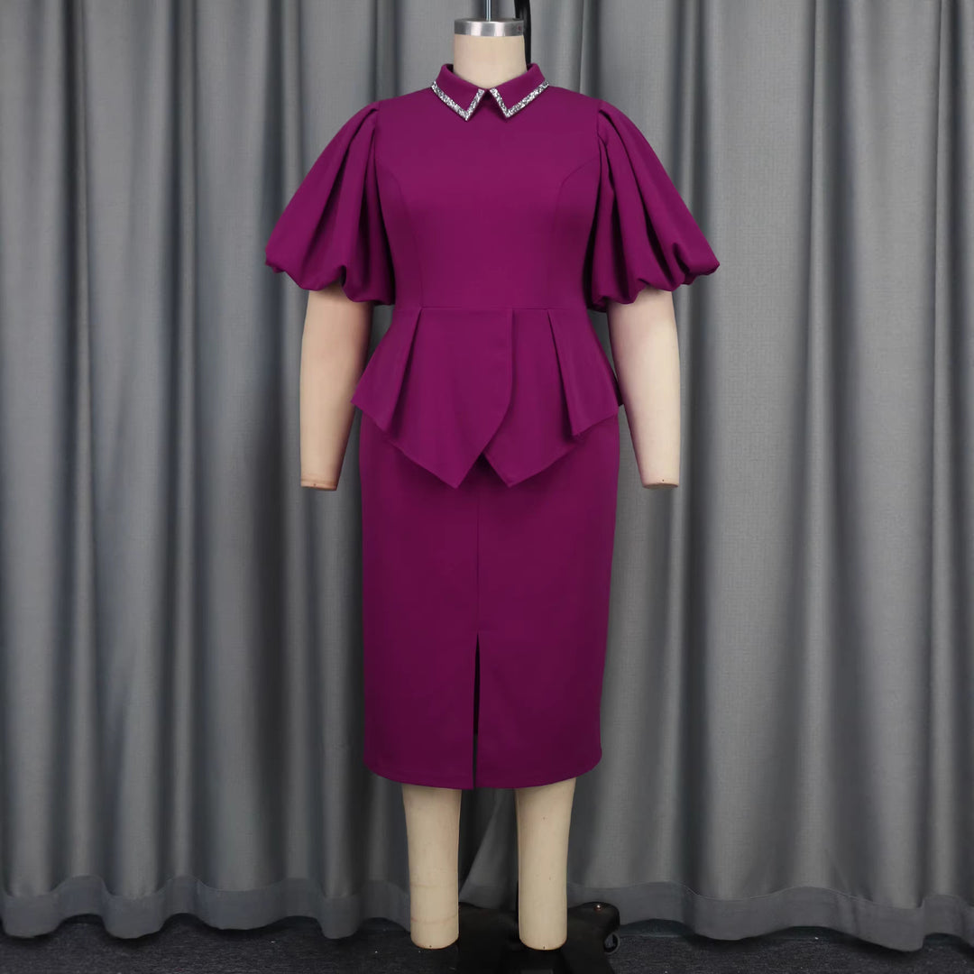 Damen Figurbetontes Peplum Kleid mit Puffärmeln und Glitzerkragen Drune