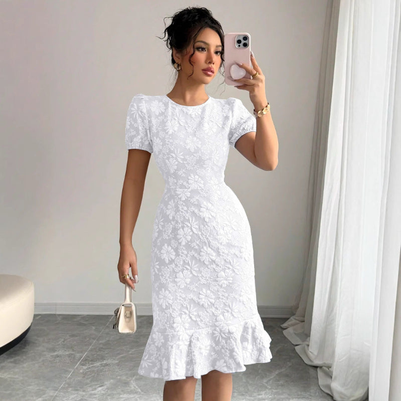 Damen elegantes Midikleid mit voluminösen Ballonärmeln und floralen Akzenten Drune