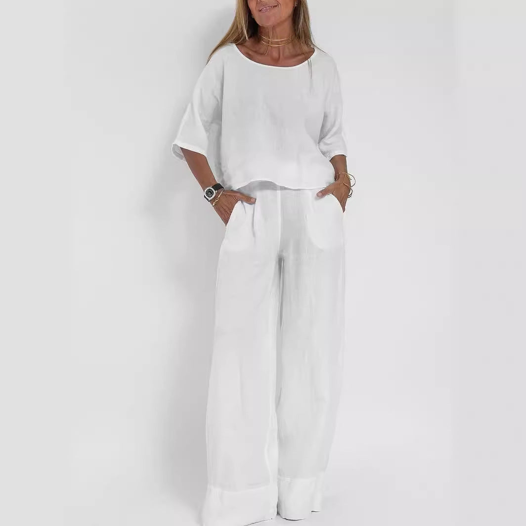 Damen lässiges Leinen-Set mit weitem Oberteil und palazzo Hosen Drune