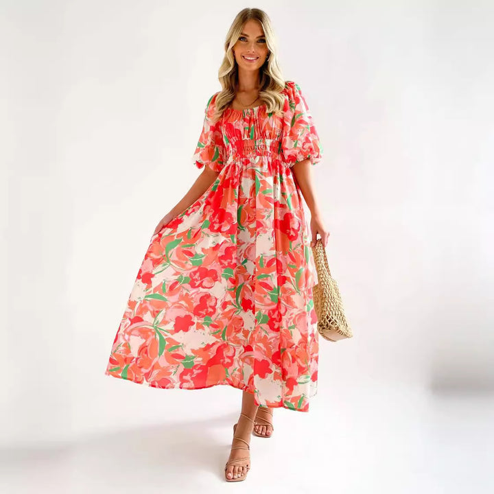Damen Off-Shoulder Maxikleid mit floralen Mustern und elastischem Bund Drune