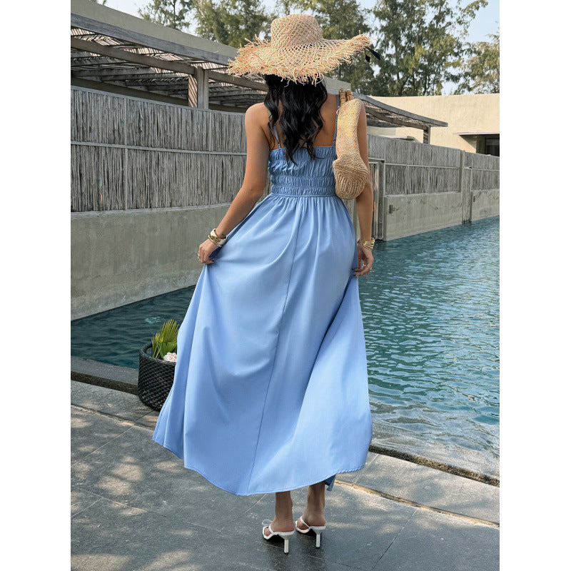 Damen Elegantes Maxikleid mit verstellbaren Spaghettiträgern und seitlichem Schlitz Drune