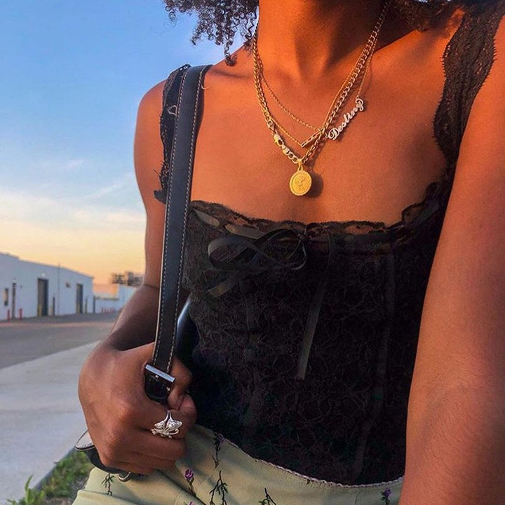 Damen Spitzen-Crop-Top mit dekorativen Bändern und feinen Details Drune
