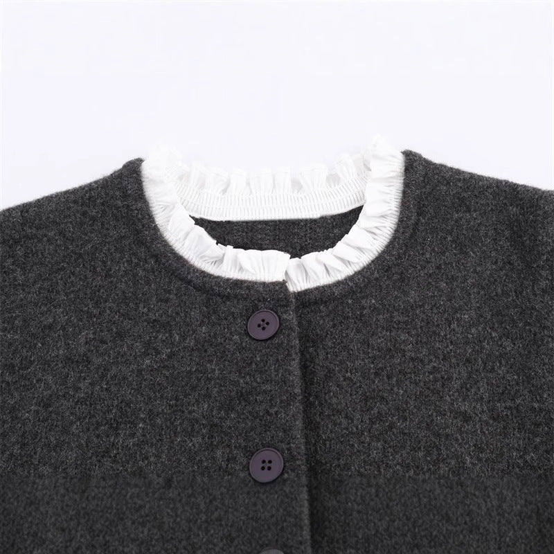 Damen modische Strickjacke mit Rüschendetails und Knopfverschluss Drune