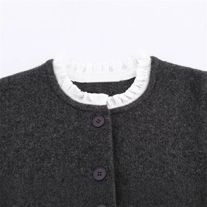 Damen modische Strickjacke mit Rüschendetails und Knopfverschluss Drune