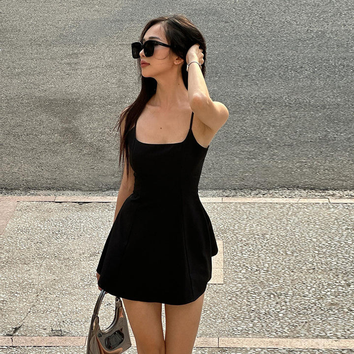 Damen tolles A-Linien Kleid mit Spaghettiträgern und schwingendem Rock Drune