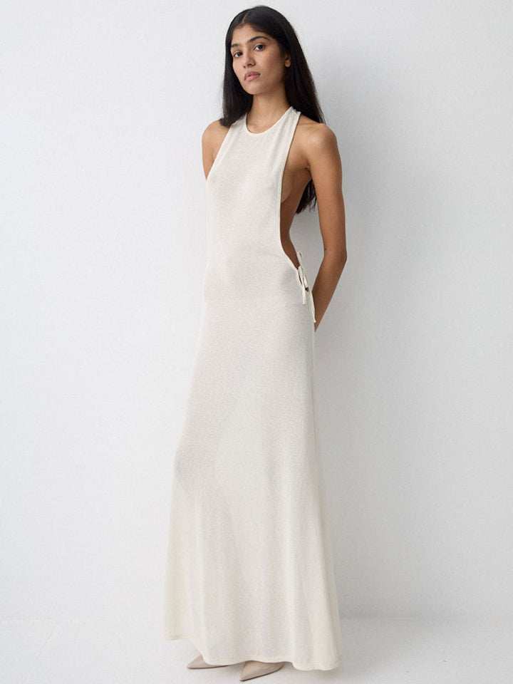 Damen Lange Seidenkleid mit kreativem Ausschnitt und eleganten Schleifendetails Drune