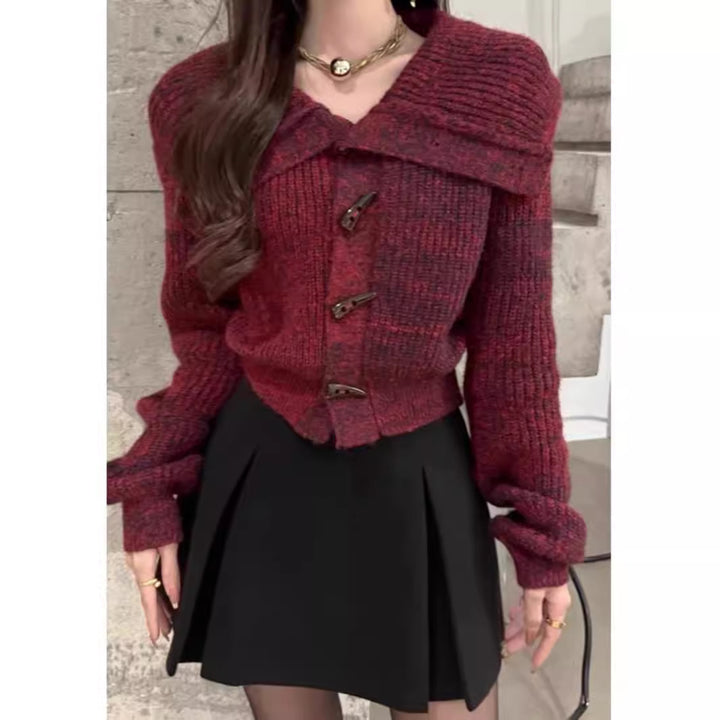 Damen Strickjacke mit stilvollem Kragen und dekorativen Knöpfen Drune
