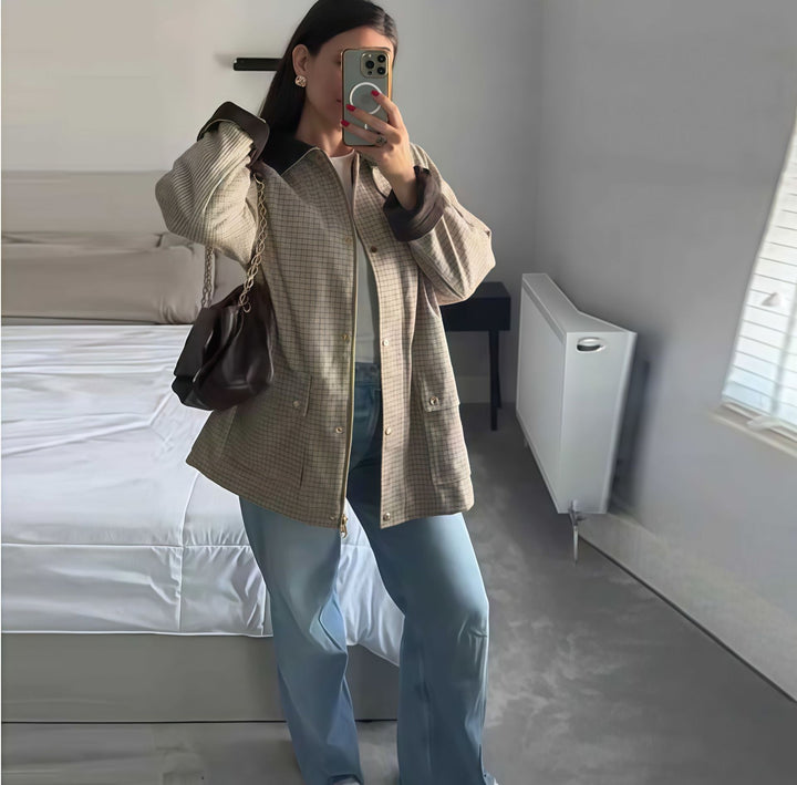 Damen Karierte Utility-Jacke mit modernem Schnitt und praktischen Taschen Drune