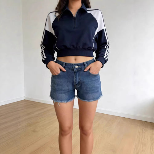 Damen lässige Jeansshorts mit ausgefranster Saumkante und hohem Bund Drune