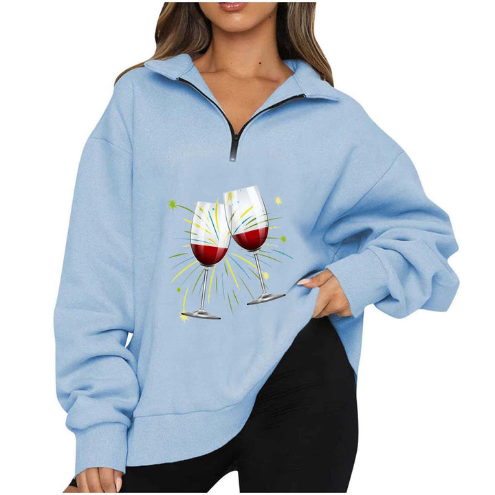Damen Oversized Pullover mit Reißverschluss und fröhlichem Party-Motiv Drune