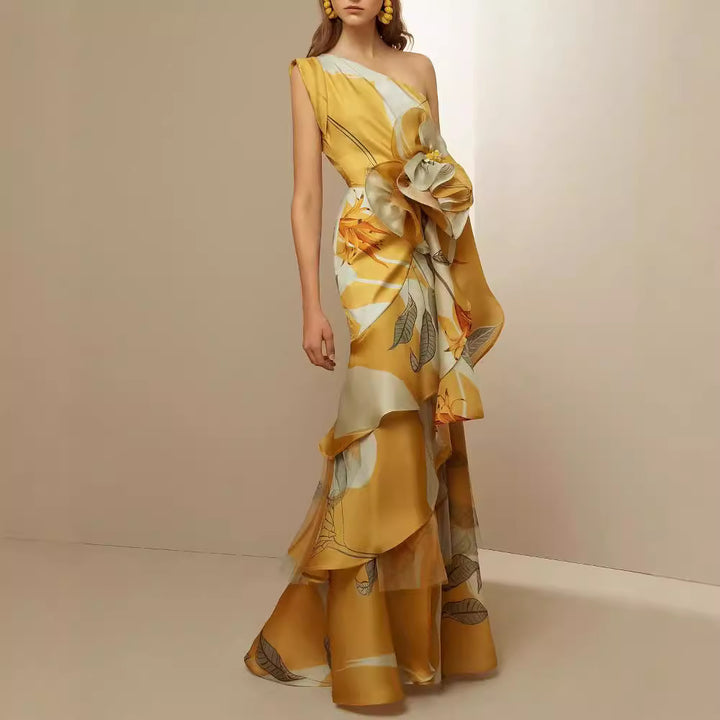 Damen Maxikleid mit asymmetrischem Schnitt und floralen Rüschenverzierungen Drune