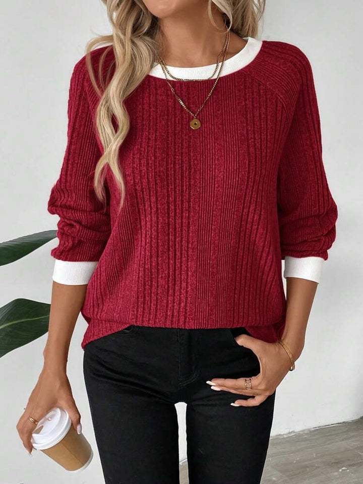 Damen lässiger Pullover mit optimalem Rippenstrickdesign und kontrastrierendem Besatz Drune