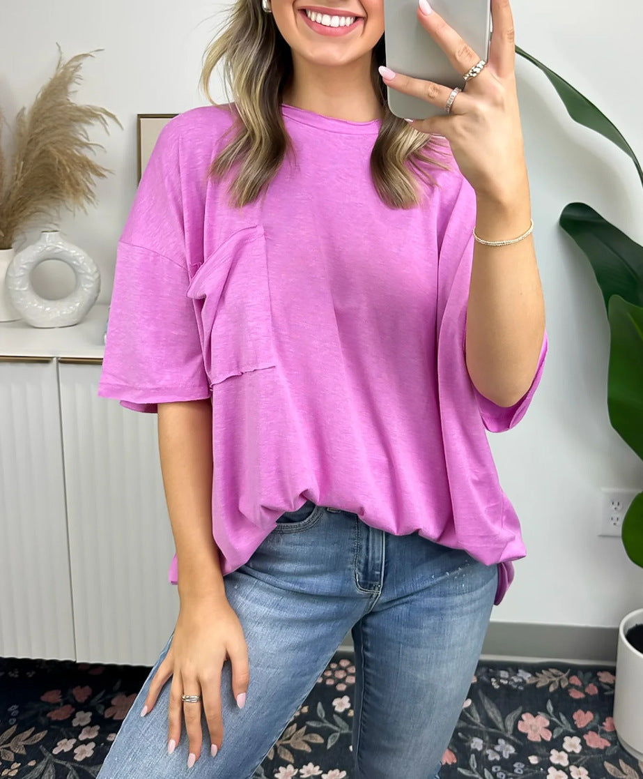 Damen lässiges Oversized T-Shirt mit Tasche Drune