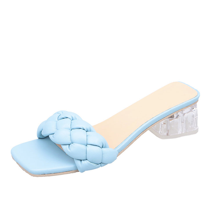 Damen Mules mit geflochtenem Riemen und transparentem Blockabsatz Drune