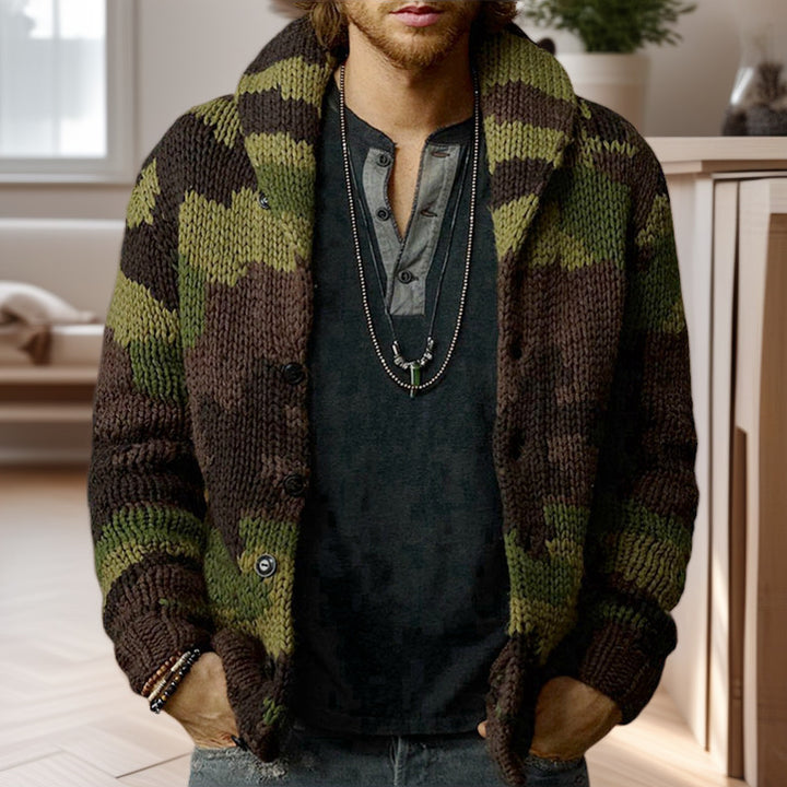 Herren Strickjacke im einzigartigen Camouflage-Design mit hohem Kragen Drune