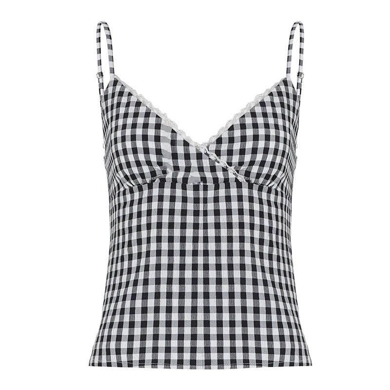 Damen V-Ausschnitt Vichy-Trägertop mit Spitzendetails Drune