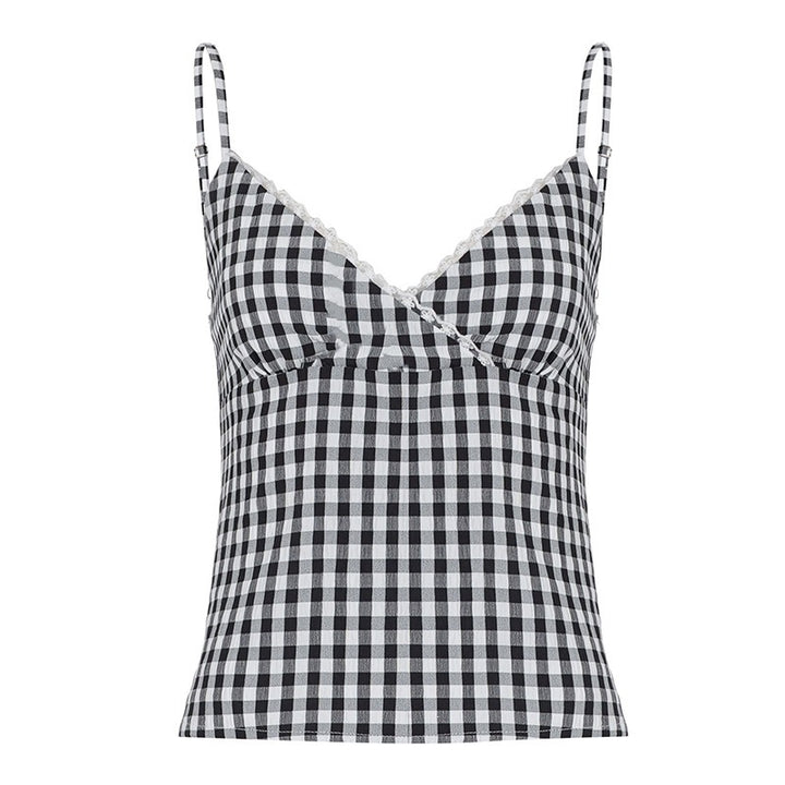 Damen V-Ausschnitt Vichy-Trägertop mit Spitzendetails Drune