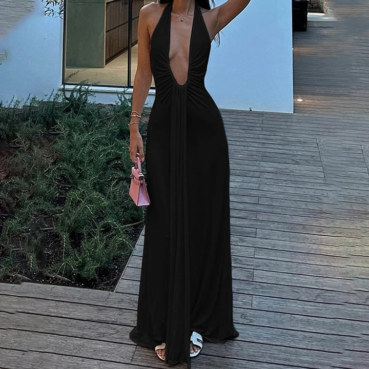 Damen elegantes Maxi-Kleid mit tiefem V-Ausschnitt und schmalem Schnitt Drune