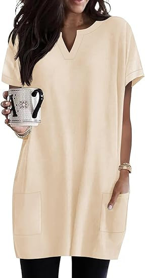 Damen lässiges Tunika-Kleid mit V-Ausschnitt und Taschen Drune