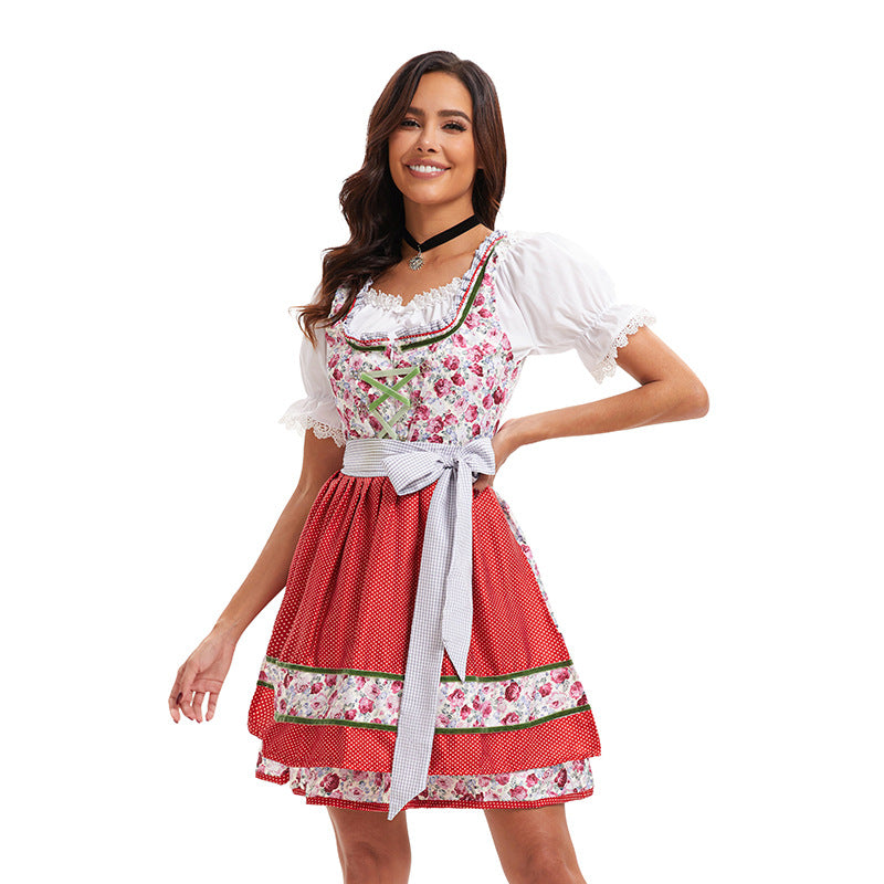 Damen nan kurzes traditionelles Dirndlkleid mit Spitzenbluse, Schnürung und dekorativer Schürze Drune