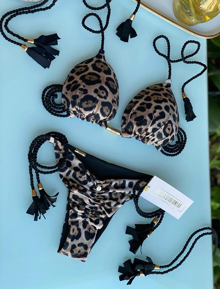 Damen Bikini-Set mit elegantem Leopardenmuster und modischen Quasten Drune