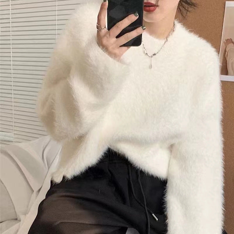 Damen Flauschiger Pullover mit lässigem Schnitt und hohem Rundhalsausschnitt Drune