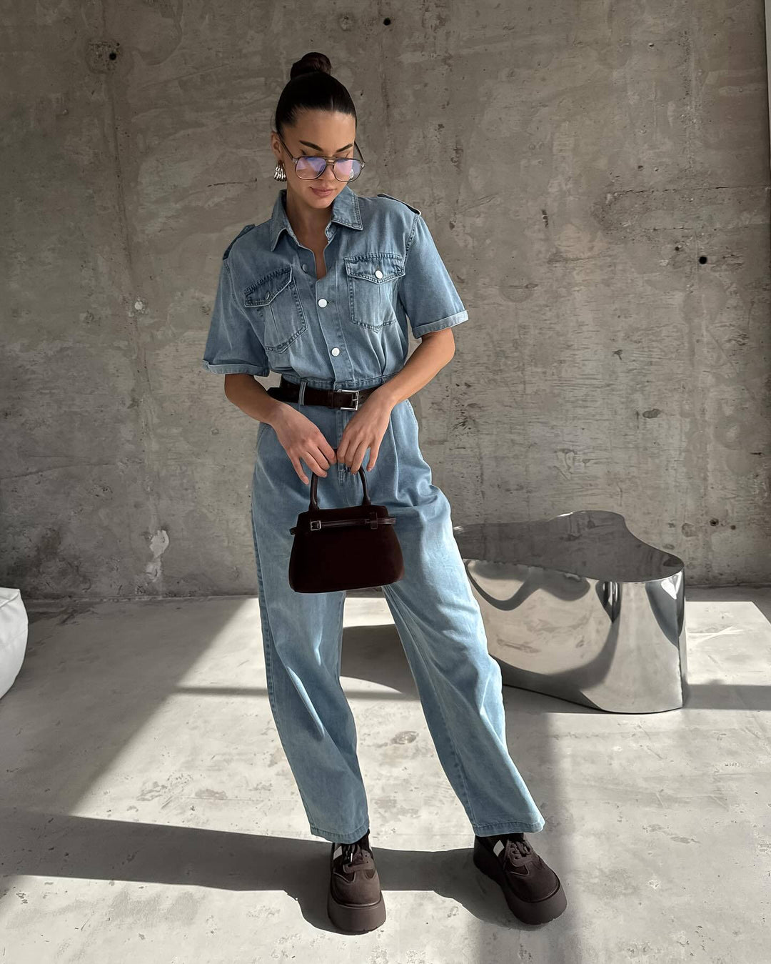Damen Jeanshemd Jumpsuit mit modischem Schnitt und praktischen Taschen Drune