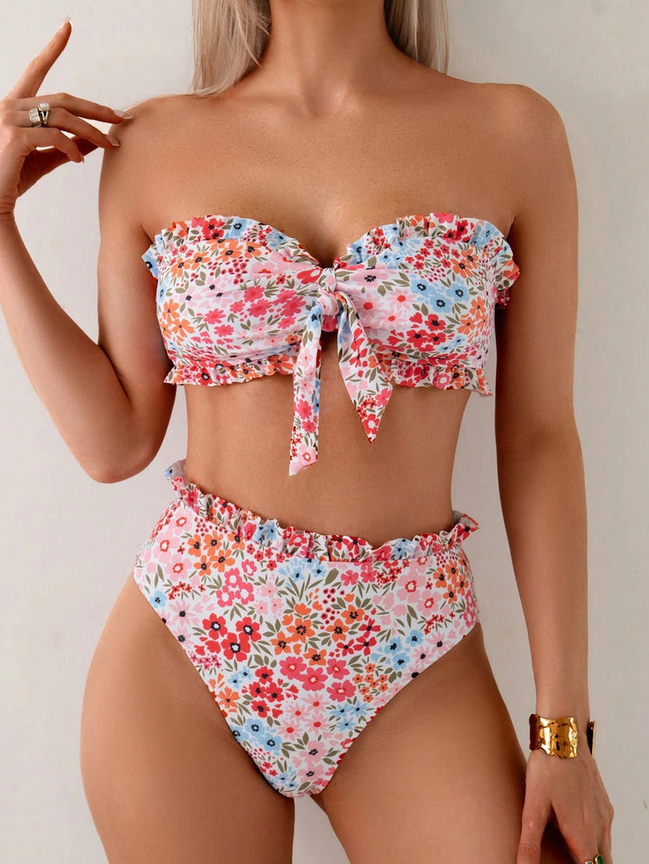Damen Bikini-Set mit romantischen Rüschendetails und hohem Taillenbund Drune