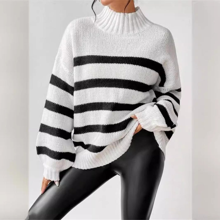 Damen Grobstrickpullover mit modischen Streifen und hohem Kragen Drune