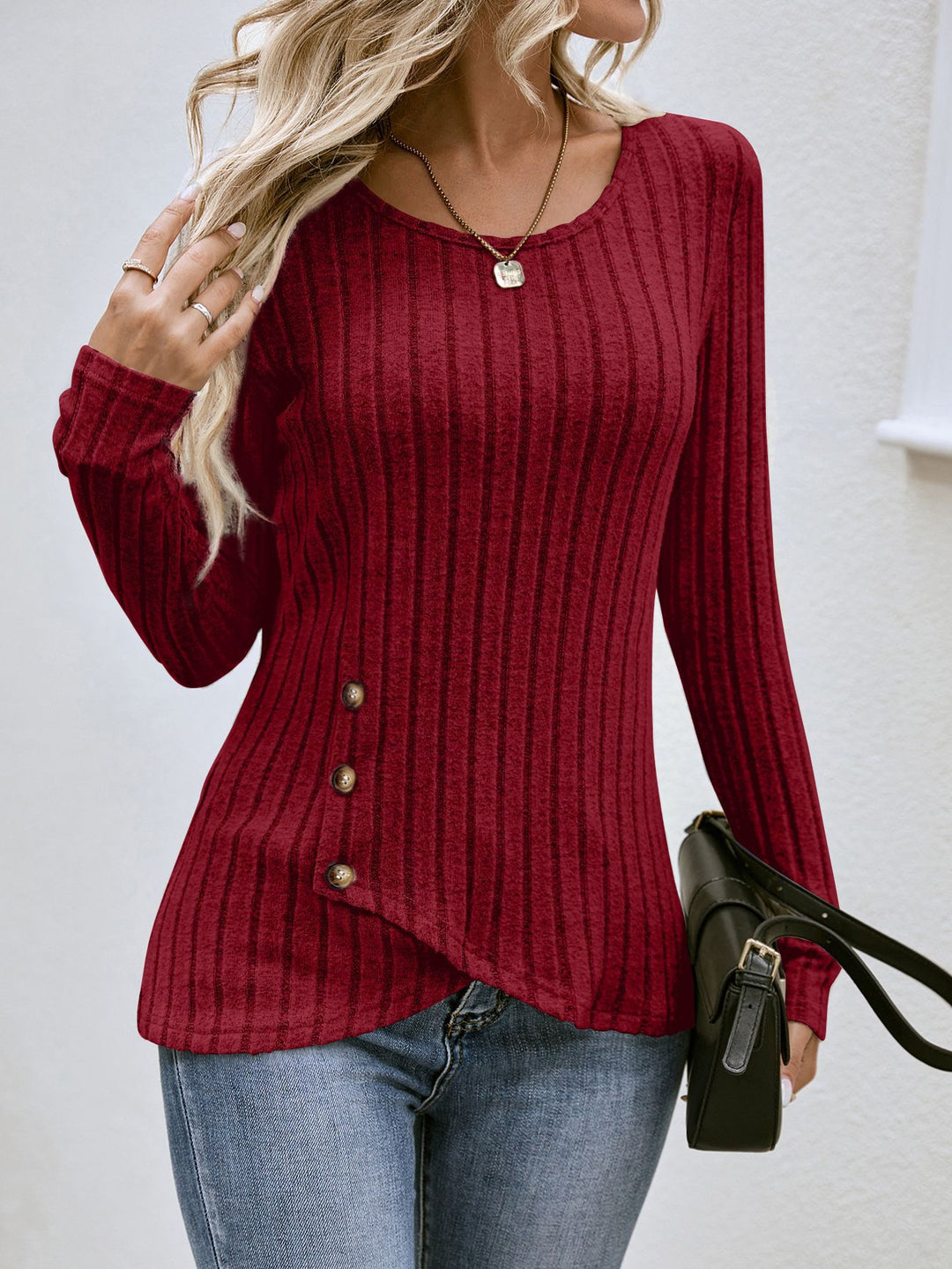 Damen lässiger asymmetrischer Pullover mit Knopfdetails Drune