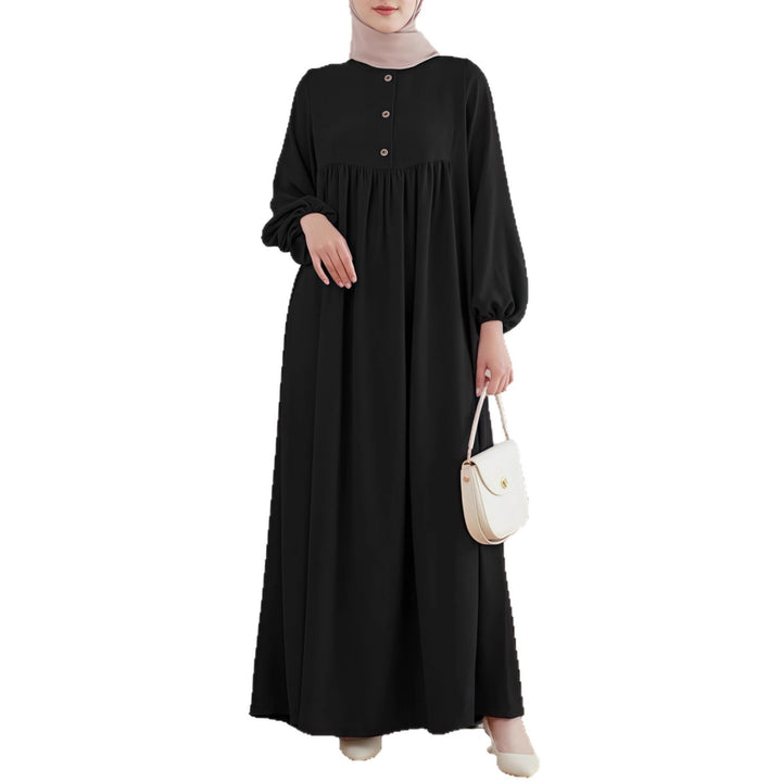 Damen luftiges Maxikleid mit bequemer Knopfleiste und eleganten Puffärmeln Drune