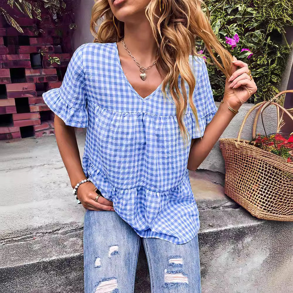 Damen Bluse mit V-Ausschnitt und Rüschenärmeln Drune