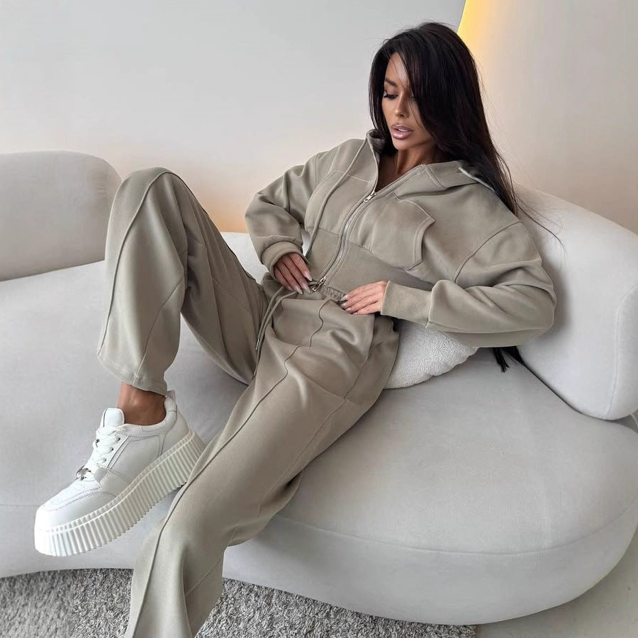 Damen modischer Kapuzenanzug mit elastischem Bund und cropped Oberteil Drune