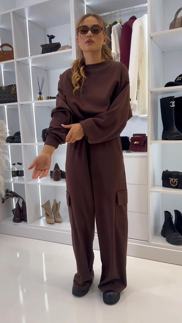 Damen lässiges Freizeit-Set mit cropped Oberteil und weiter Stoffhose Drune