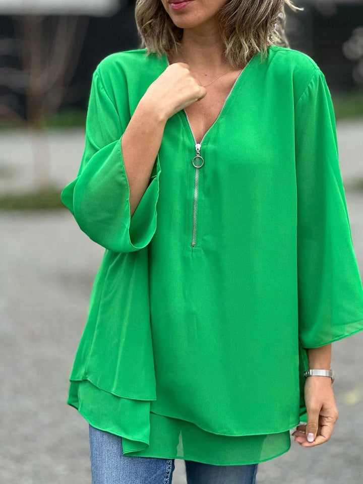 Drune | Chiffon Lockere Passform V-Ausschnitt mit Reißverschluss 3/4 Ärmel Geschichteter Saum