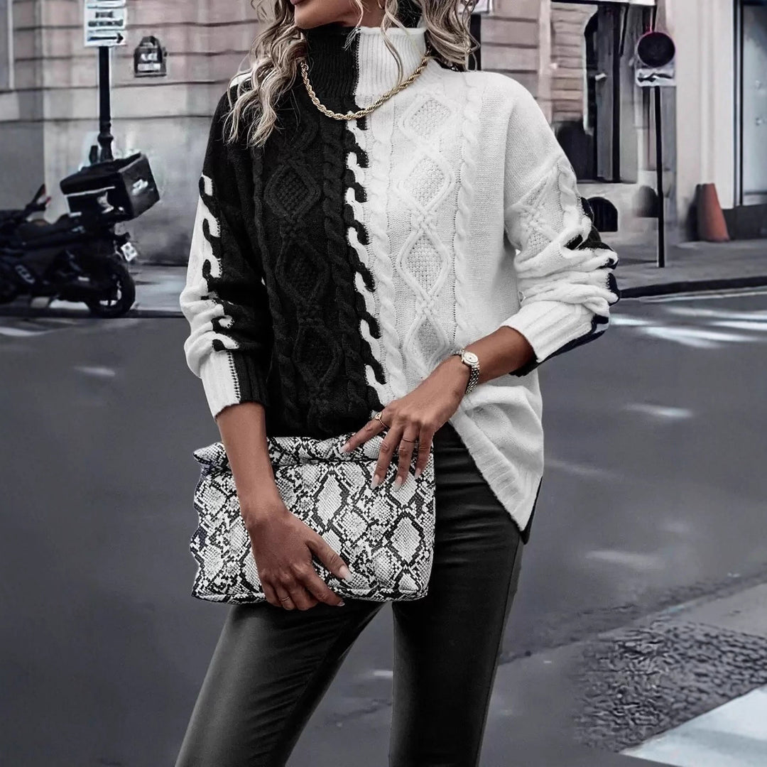 Damen Halblanger Strickpullover mit hohem Kragen und ausgefallenem Zopfmuster Drune