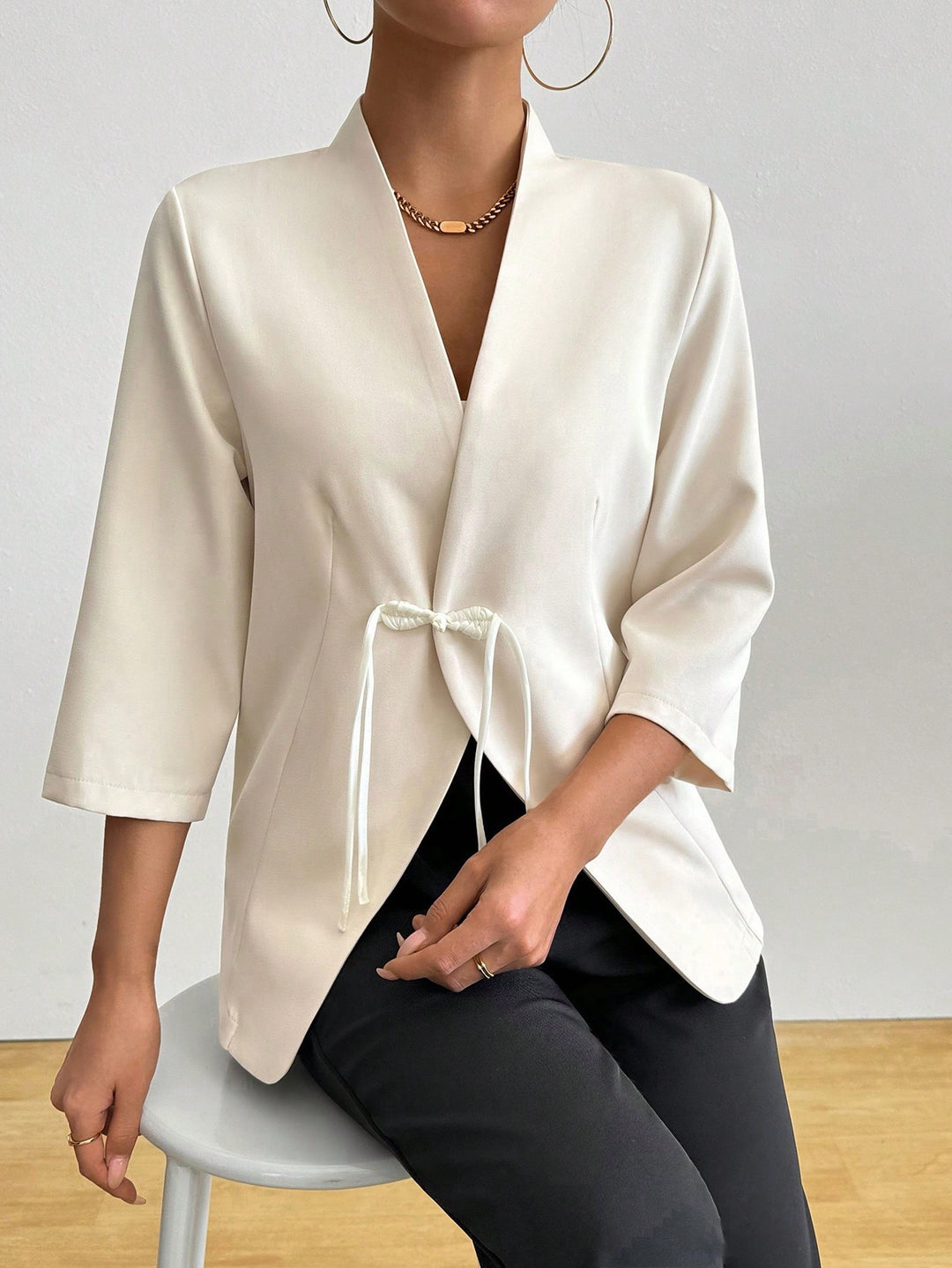 Damen Modischer Wickelblazer mit Taillenzug und 3/4-Ärmeln Drune