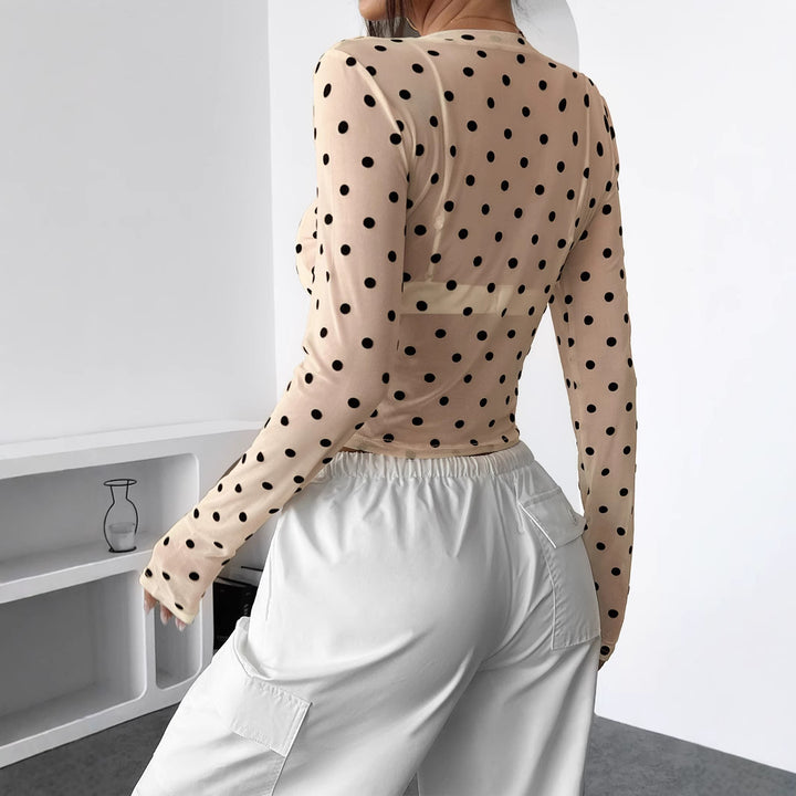 Damen nan bauchfreies Netzstoff-Oberteil mit Punktmuster und integriertem Bustier Drune