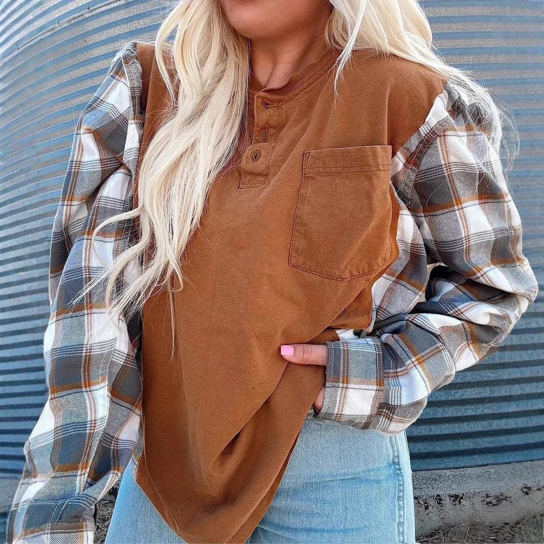 Damen Langarmshirt mit karierten Ärmeln Drune